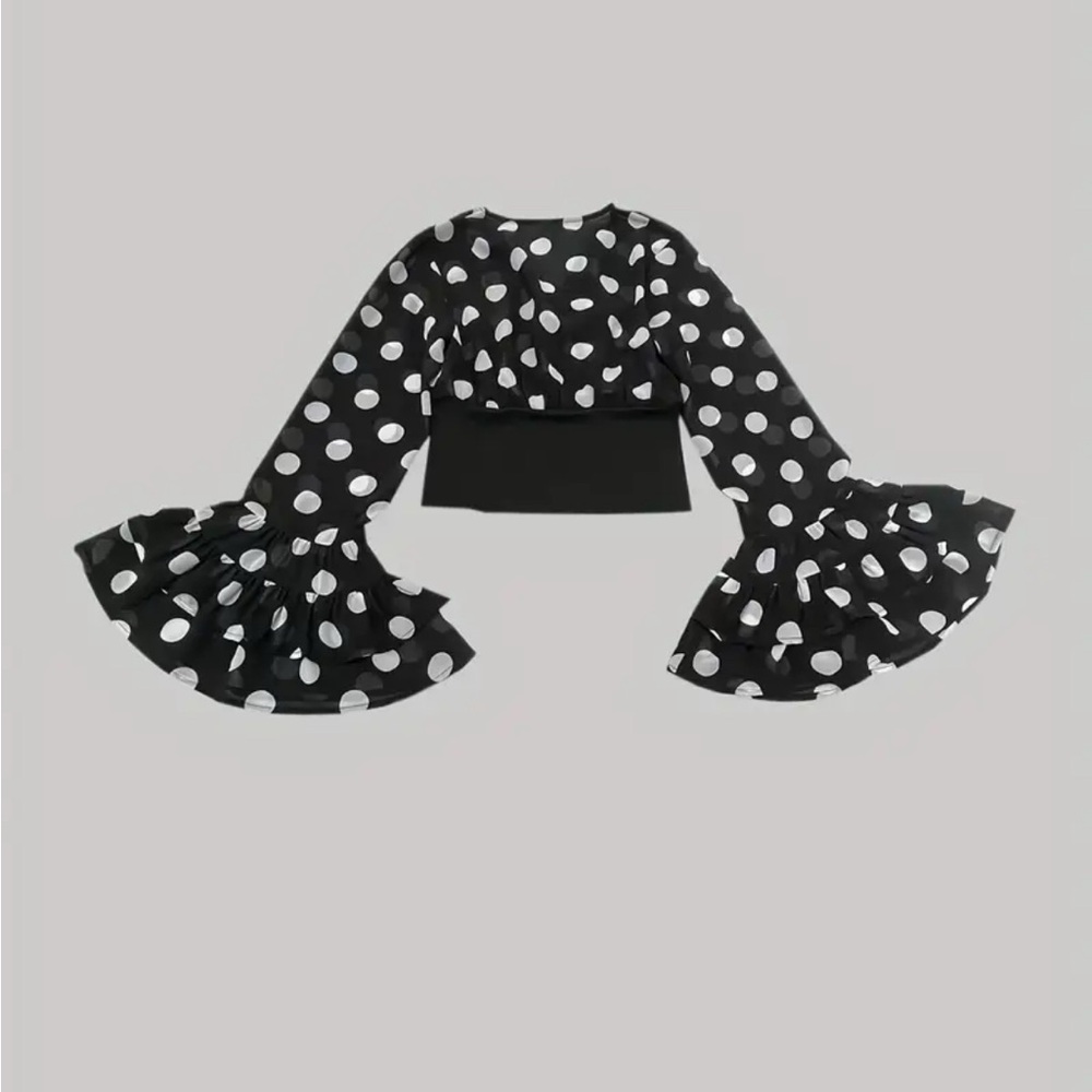 Elegant Black and White Polka Dot Blouse with Flare Sleeves - Picture 3 of 6